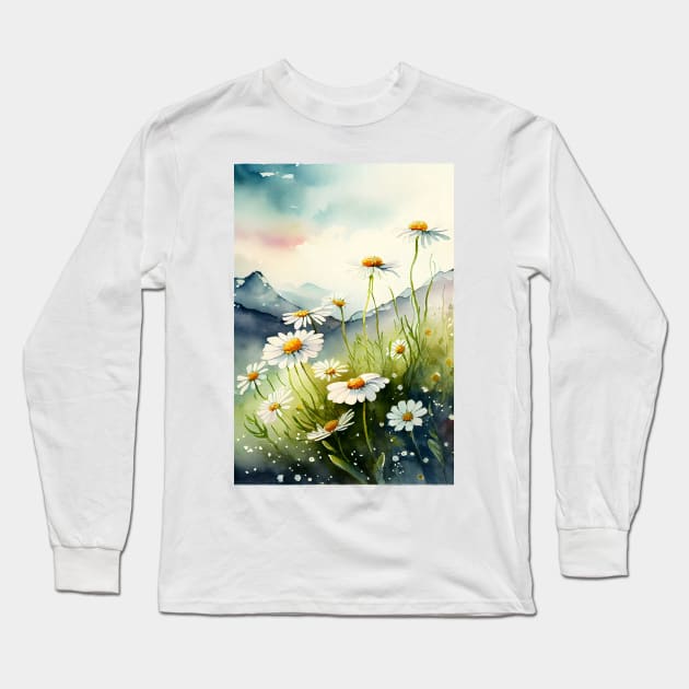 A Field of Daisies Watercolor on a Bright Sunny Spring Day Long Sleeve T-Shirt by designs4days